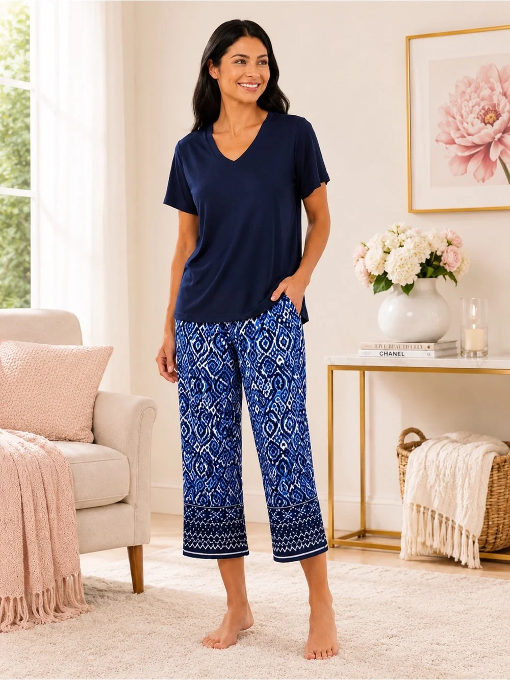 Cuddl Duds 3-Piece Capri Pajama Set Blue Geometric Headband Sleepwear NWT S